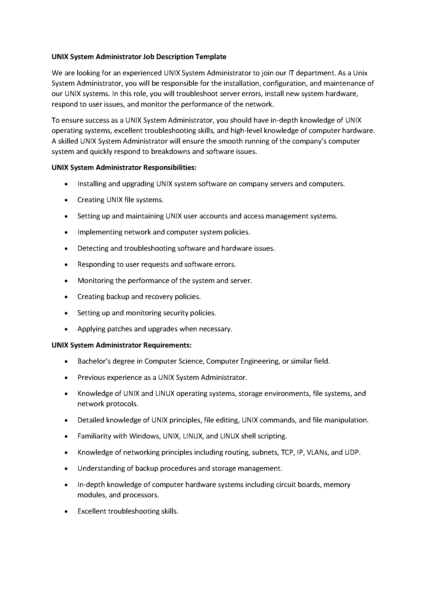 UNIX System Administrator Job Description Template